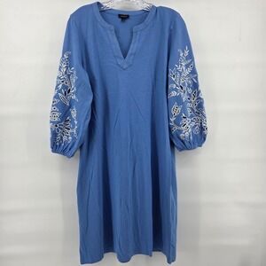 Talbots Embroidered Shift Dress Medium Blue Cotton Balloon Sleeve Boho Coastal